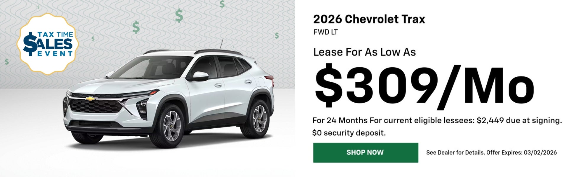 A lease offer for $309/mo on the 2026 Chevy Trax