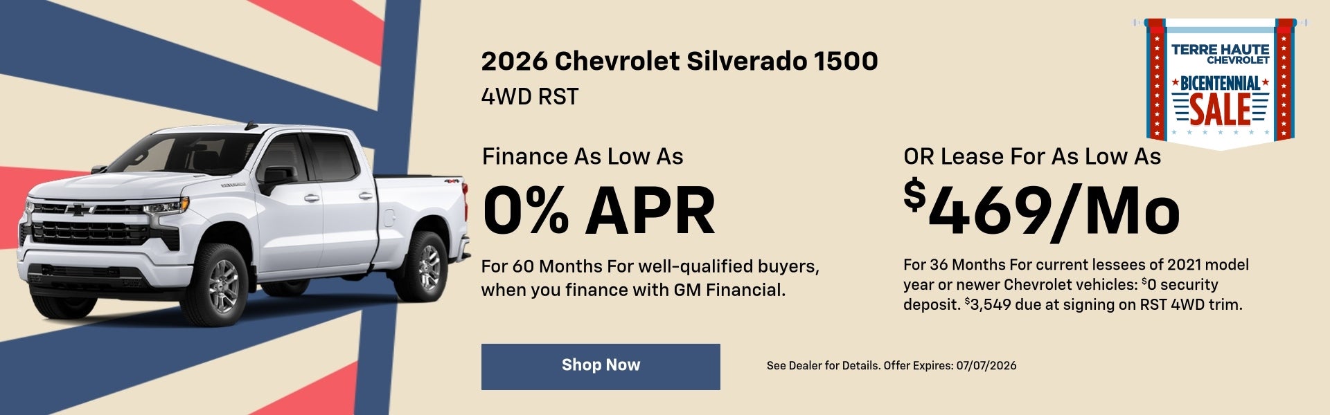 A lease & finance offer for a 2026 Silverado 1500